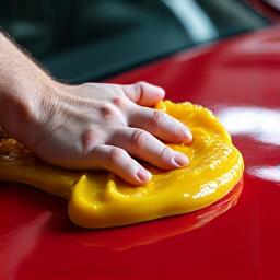 Professional applying carnauba wax to a car's hood